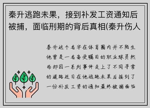 秦升逃跑未果，接到补发工资通知后被捕，面临刑期的背后真相(秦升伤人)