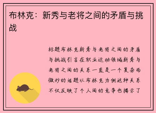 布林克：新秀与老将之间的矛盾与挑战