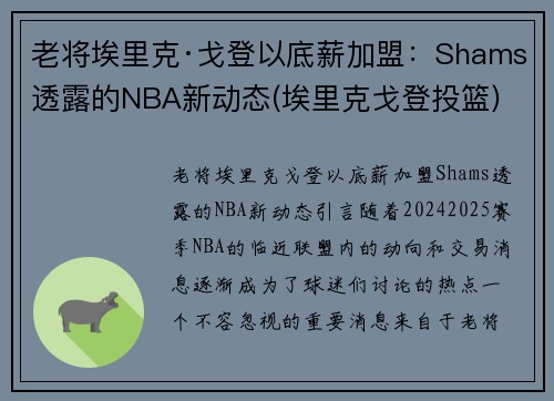 老将埃里克·戈登以底薪加盟：Shams透露的NBA新动态(埃里克戈登投篮)