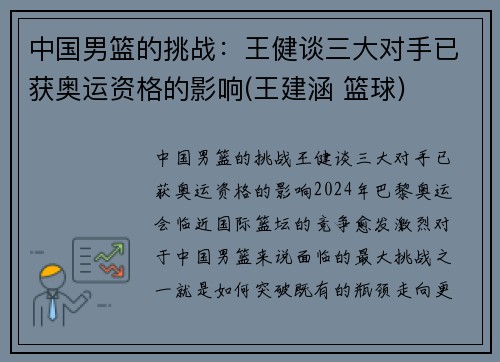 中国男篮的挑战：王健谈三大对手已获奥运资格的影响(王建涵 篮球)