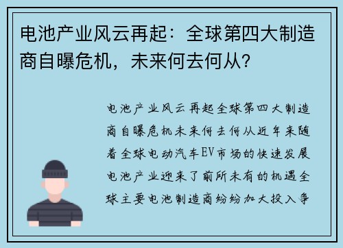 电池产业风云再起：全球第四大制造商自曝危机，未来何去何从？