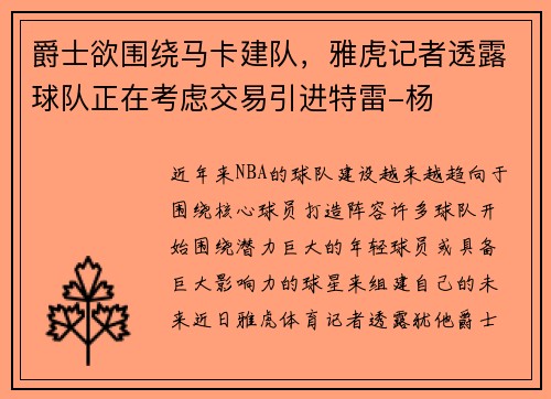 爵士欲围绕马卡建队，雅虎记者透露球队正在考虑交易引进特雷-杨